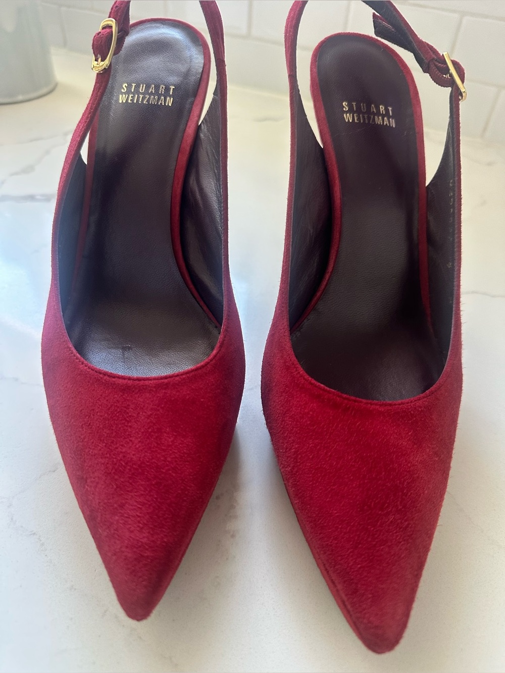 Stuart Weitzman Burgundy Red Suede Slingback Pointed Toe Pumps Heels Size 9 M